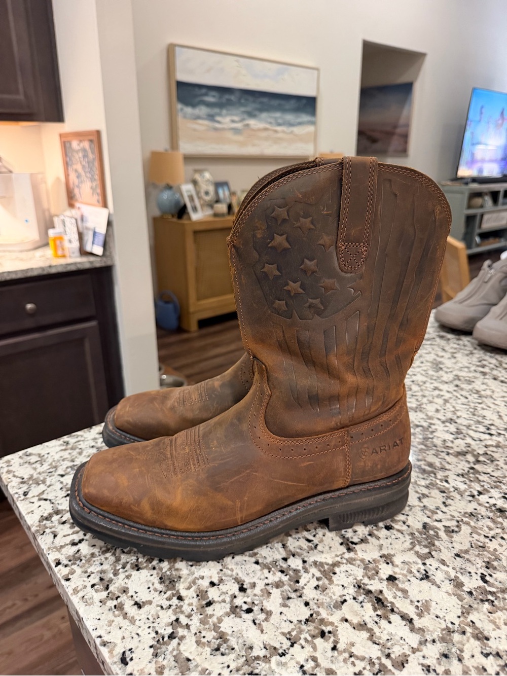 Ariat Brown Leather Western Work Boots with Embossed Flag
